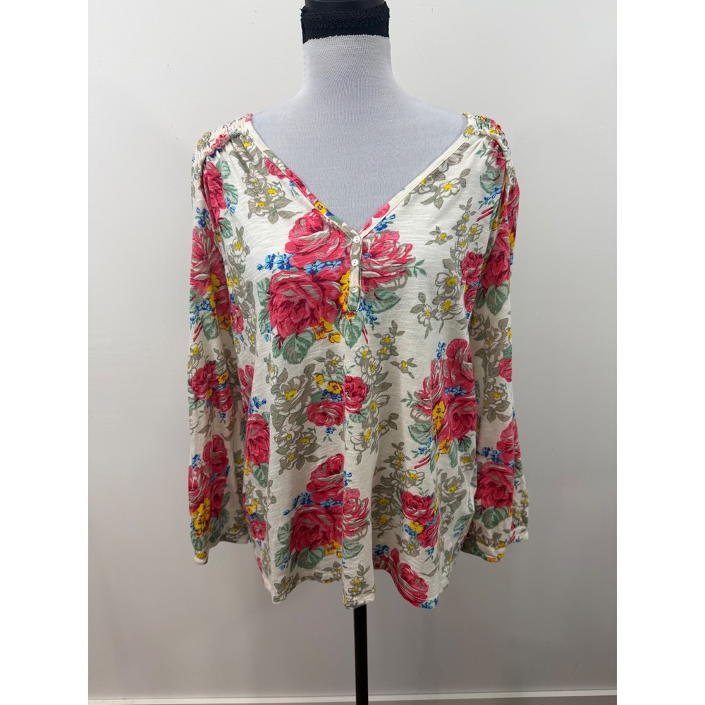 Lucky Brand Womens Floral Henley Top Red Rose Long Sleeve Cotton Blouse Large